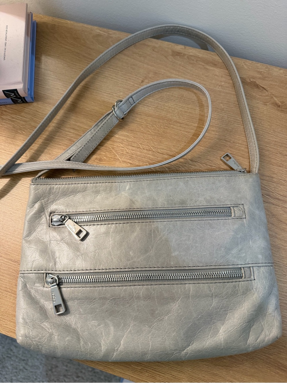 Hobo Light Gray leather Women's Crossbody Bag with Dual Zippers